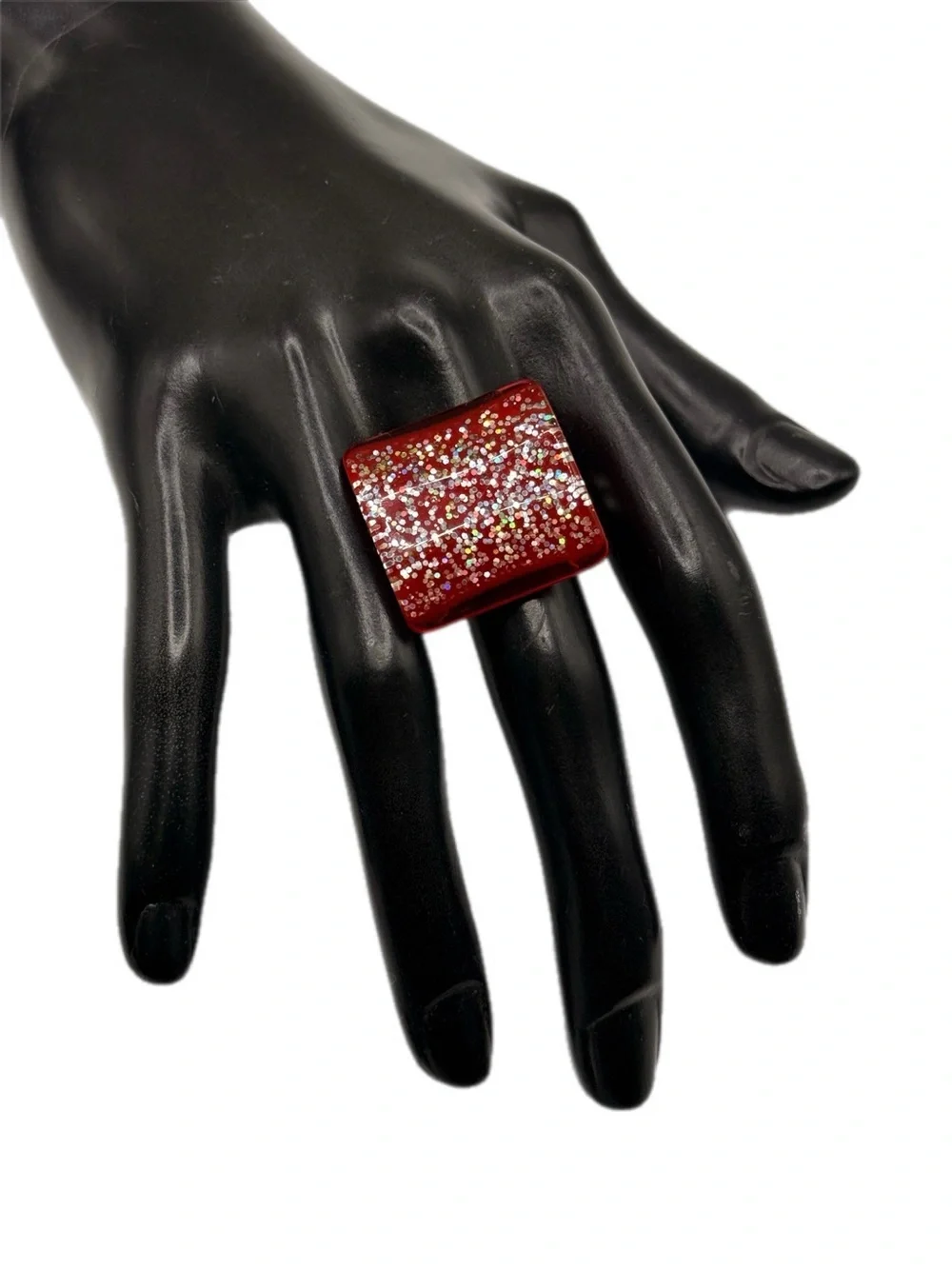 Red Glitter Square Acrylic Statement Ring Adjustable